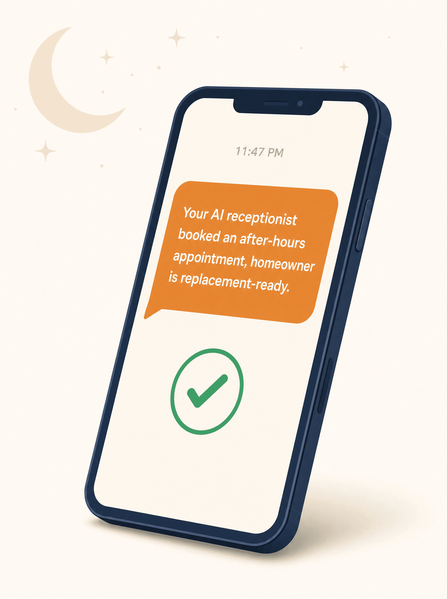 Illustration of a stylized phone showing an after-hours AI receptionist booking