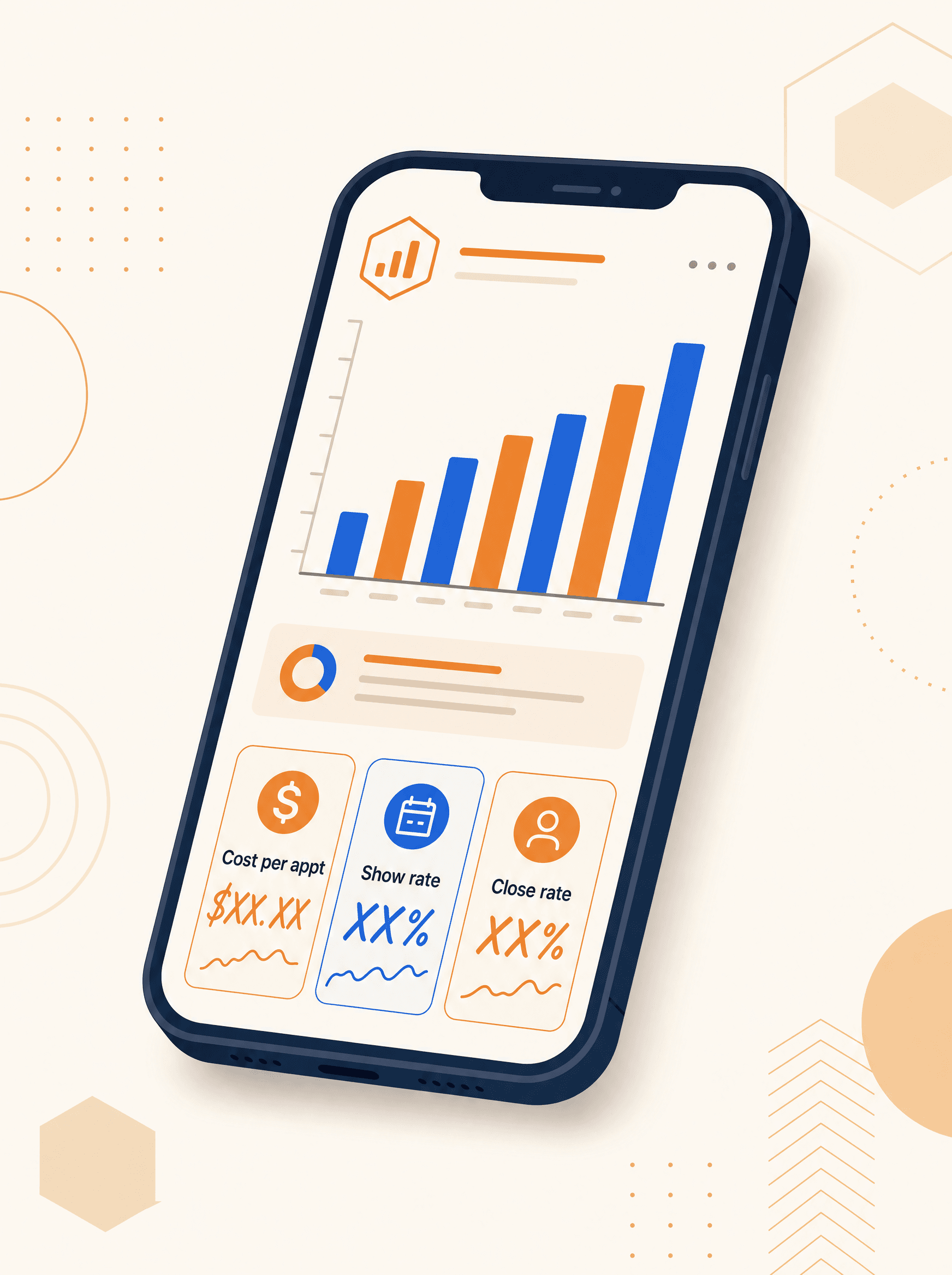 Illustration of a stylized phone showing a transparent reporting dashboard